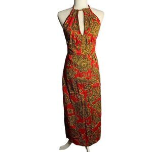 Vintage Handmade 70s Halter Dress S Red Paisley Maxi Sweetheart Tie Neck Zip